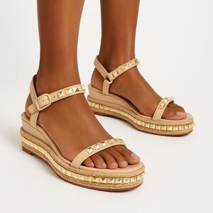 Christian Louboutin Cataclou Two-Band Strappy Summer Wedge Gold Studded Sandals